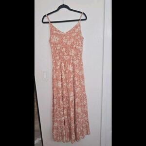West Kei Women's Maxi Dress Orange Cream Floral V-Neck Flowy Fully Lined Size M